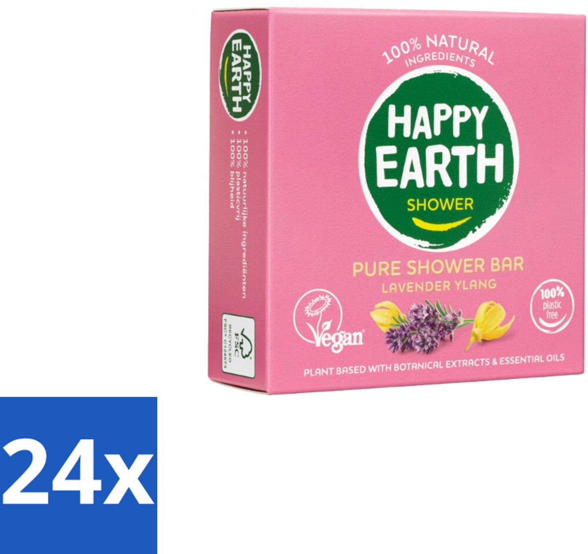 24 x Happy Earth – Shower Bar – 100% Natuurlijk Lavender Ylang – 90 g - Douchegel - Natuurlijke Douchegel - Lavendel - Ylang-ylang - Sheaboter
