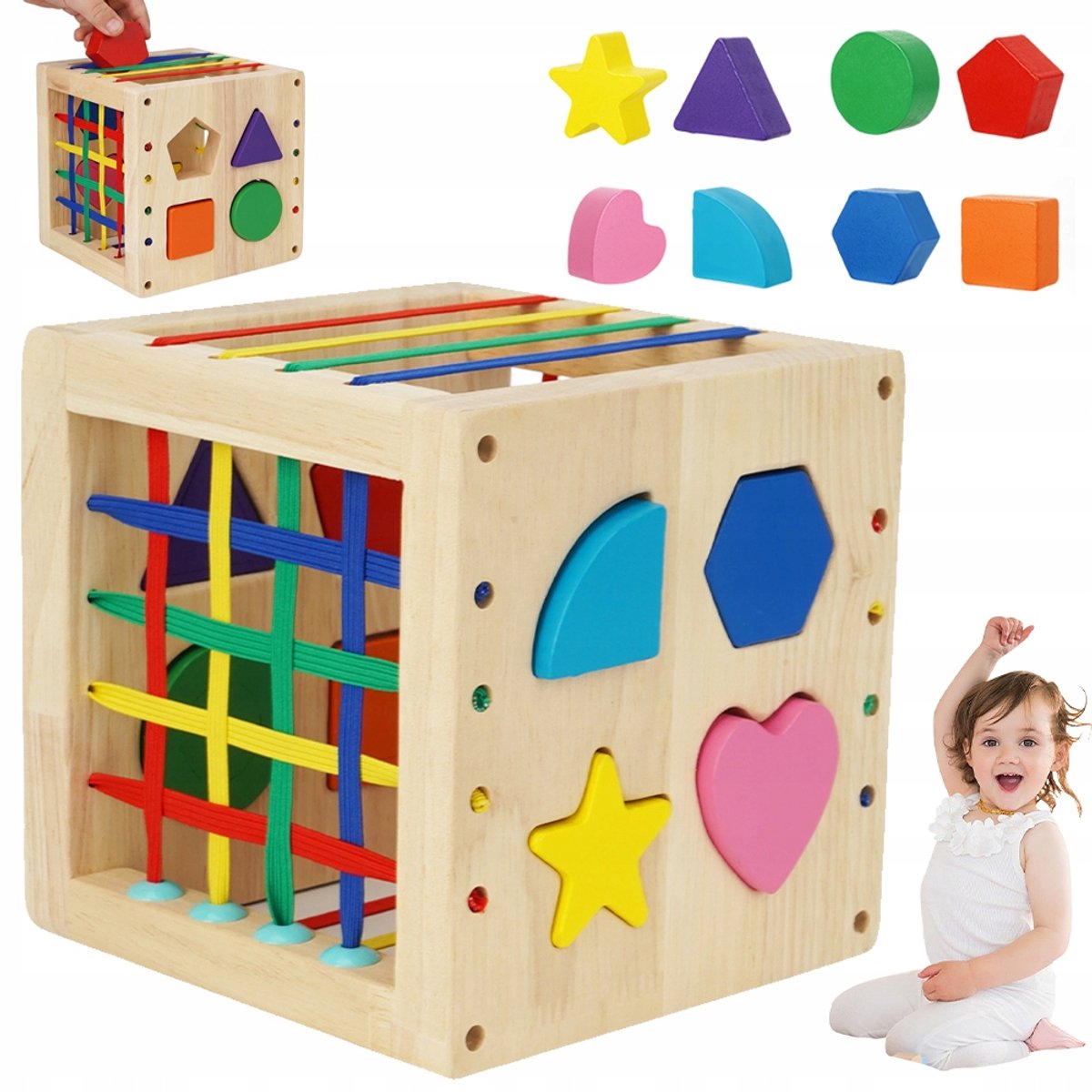 Houten Activiteiten Kubus - Montessori Sensorisch Speelgoed - Stapeltoren - Vormenstoof - Speelkubus - 8 Bouwblokken - Kleur- & Vormherkenning - Ontwikkelt Grijpkracht - BPA-vrij - Voor Baby's & Peuters - Educatief Speelgoed