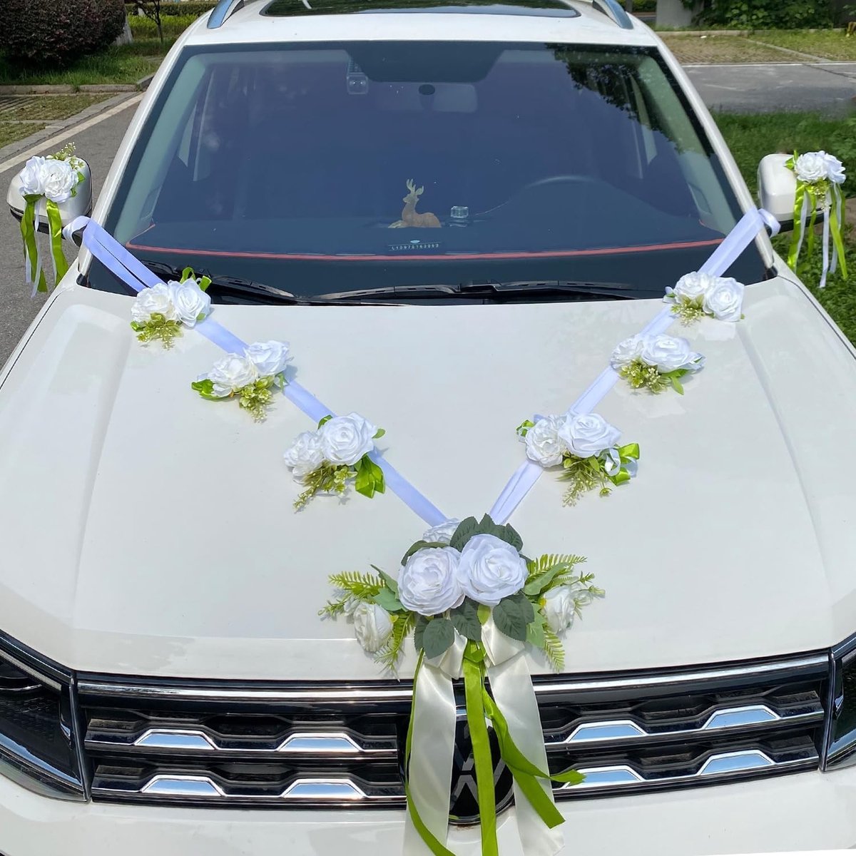 Witte Bruidsauto Versiering met Rozen en Garlands - Set van Zijde Bloemen voor Trouwauto, Lengte 220 cm x 2, Perfect voor Bruiloften en Ceremonies