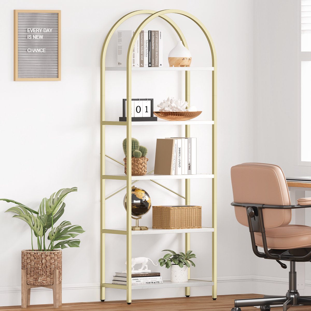 Smal Boekenkast - 60x28x180cm - Boogvormige Badkamerrek - Metalen Frame - Open Display Planken - Voor Woonkamer Slaapkamer Kantoor - Wit + Goud