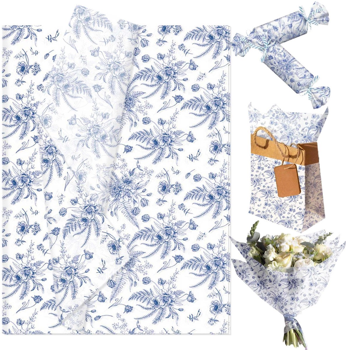 Elzusha - Vintage Blauw Cadeaupapier met Bloemenpatroon