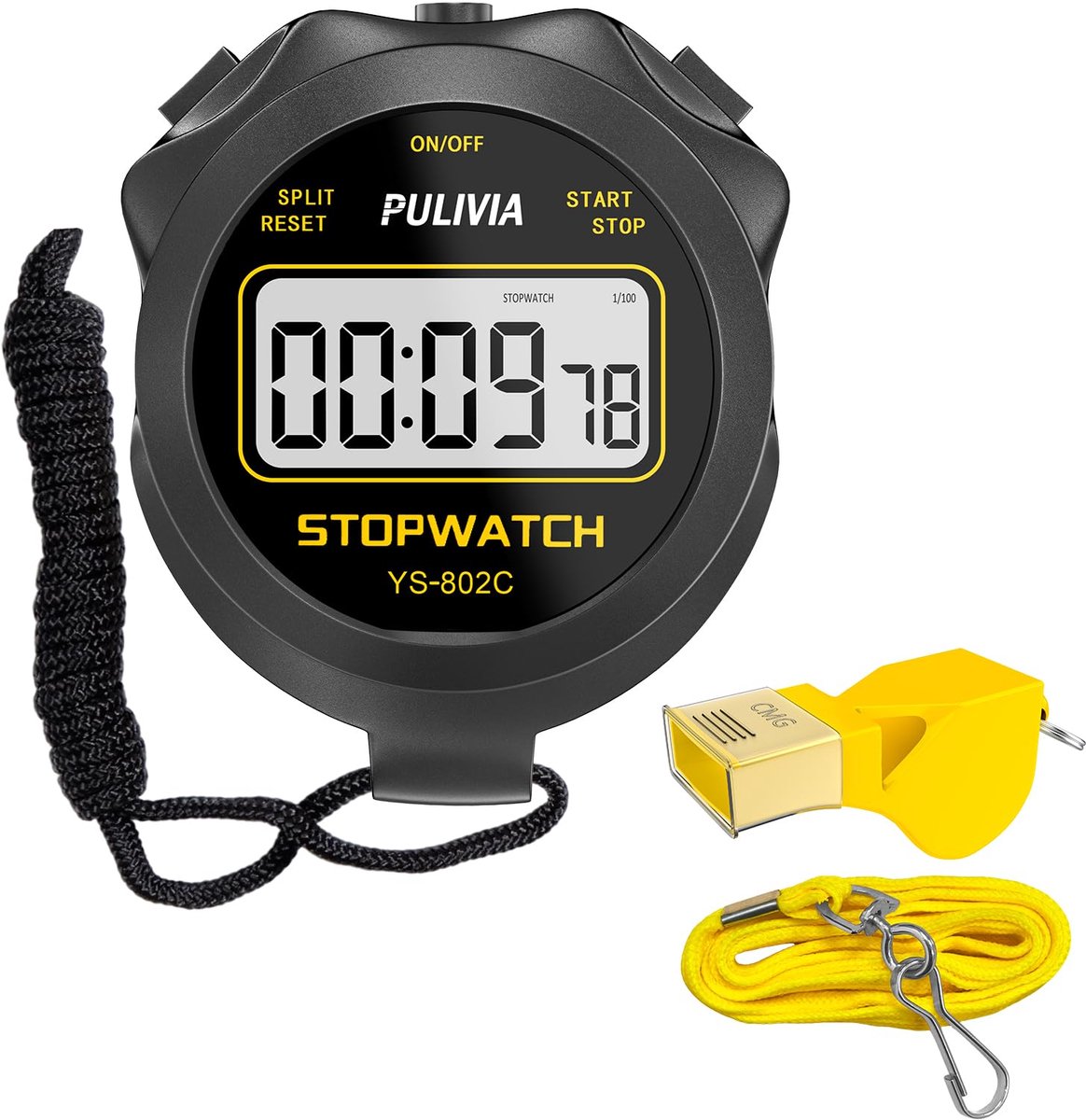 PULIVIA Stopwatch Timer, Alleen Stopwatch-Modus met Fluitje, Aan/Uit, Stil Groot Display, Eenvoudige Bediening - ShopVlot