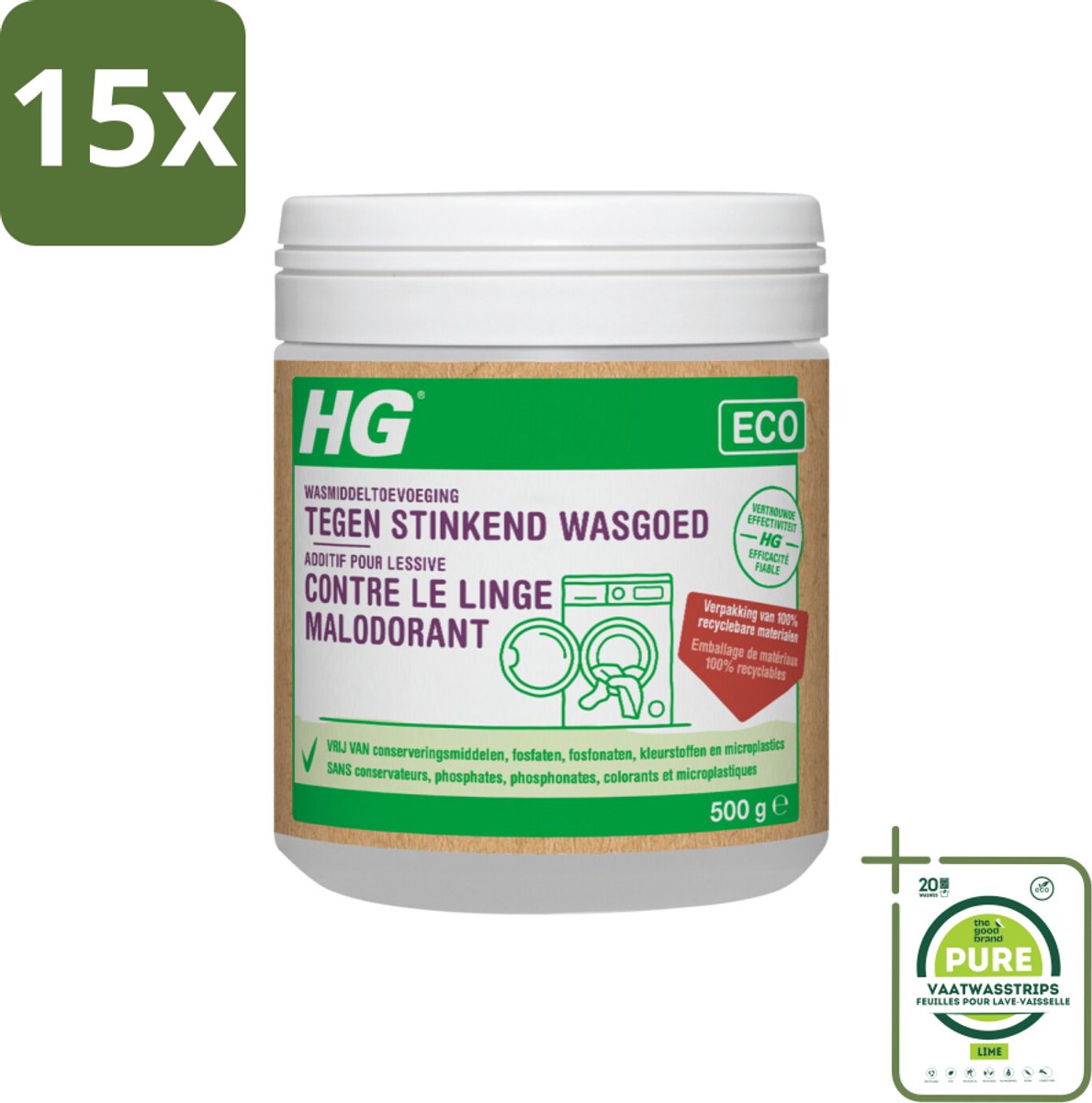 15 x HG Eco Wasmiddeltoevoeging tegen Stinkend Wasgoed 500 gr - Grootverpakking - Wasmiddel Toevoeging - Wasverzachter - Stinkend Wasgoed - Wasgeur - Ecologisch Wasmiddel