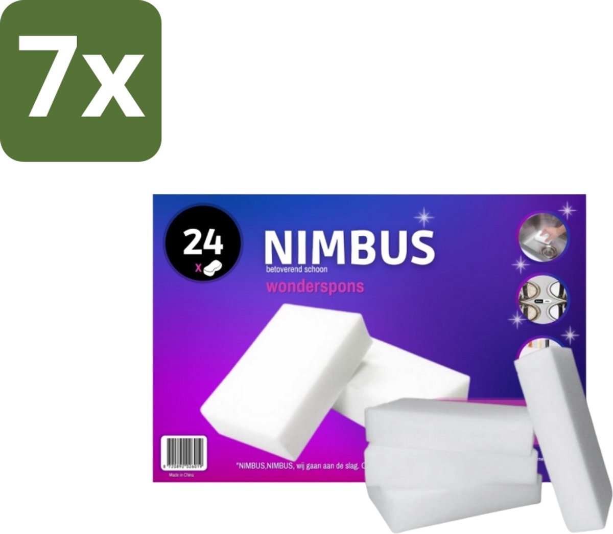 7 x NIMBUS Wonderspons 24 stuks per verpakking - Schoonmaken Zonder Chemische Middelen - Betoverend Schoonmaken - Spons Voor Vlekken - Hardnekkige Vlekken Verwijderen - Waterbasis Schoonmaak