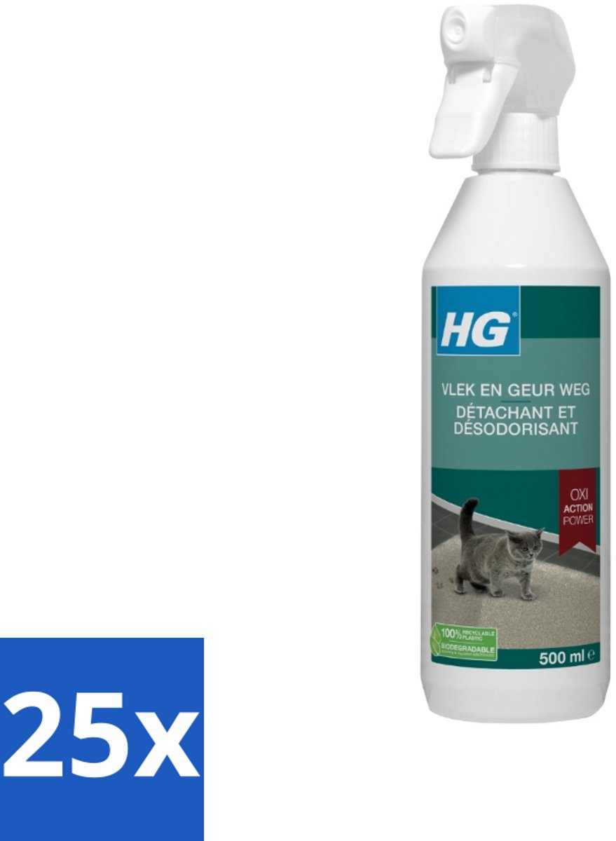 25 x HG - Vlek & Geur Weg - Tegen Kattengeuren- Oxi Action Power - 100% Biologisch - 500 ml - Vlek Verwijderen - Geur Weg - Katten Vlek - Katten Geur - Tapijt Reinigen