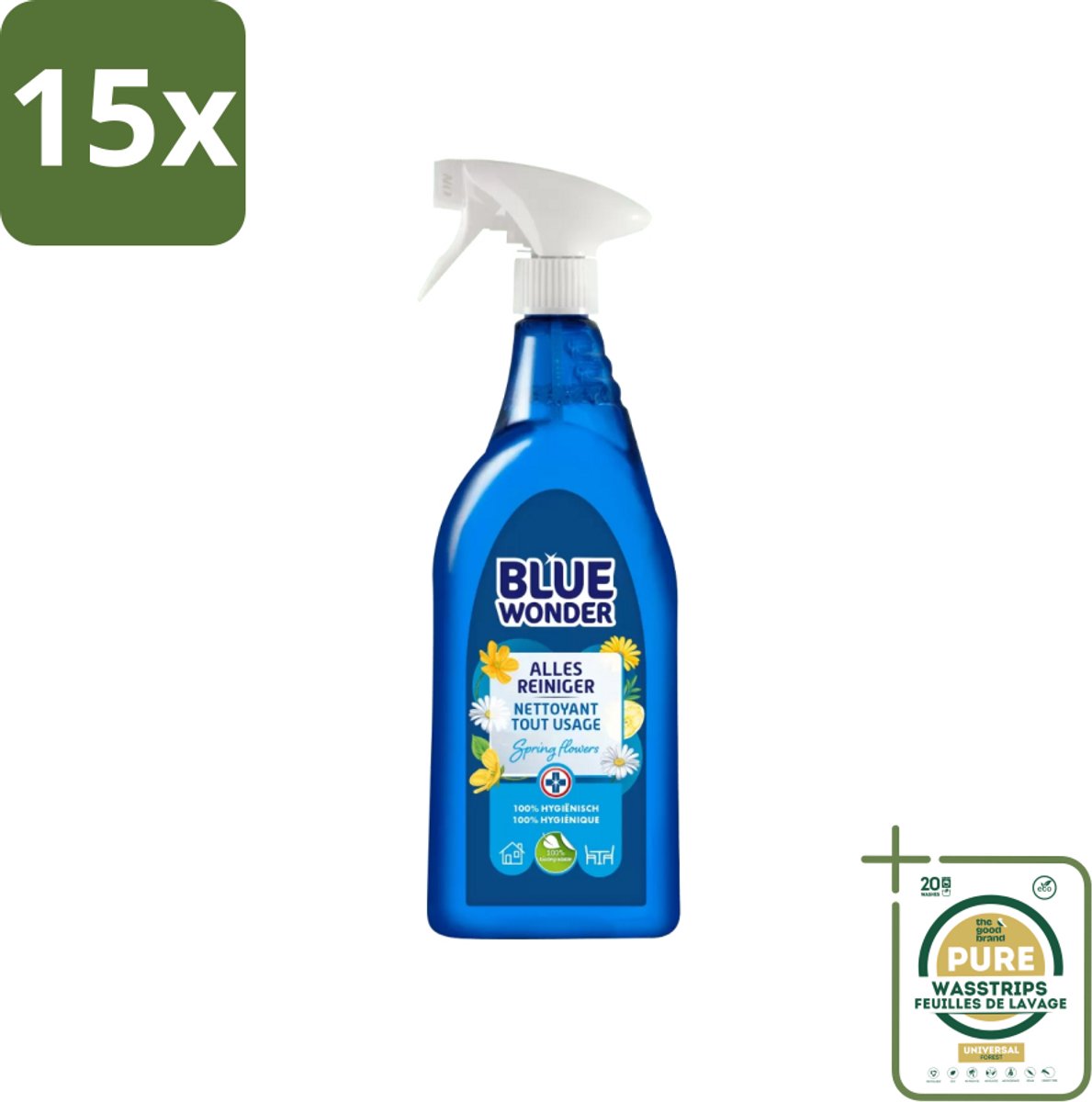 15 x Blue Wonder - Allesreiniger - Lente Bloemen - Hygiënisch - Biologisch Afbreekbaar - 750 ml - Grootverpakking - Allesreiniger - Reinigings Spray - Lentegeur - Natuurlijke Reiniger - Biologisch Afbreekbaar