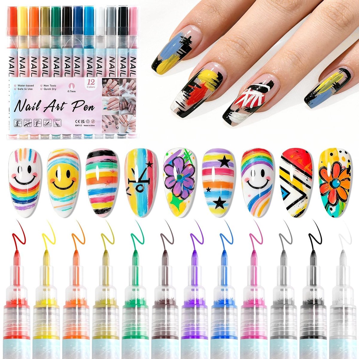 Elzusha - Set van 12 Kleurige Nagelkunst Markers voor Creatieve DIY Nageldesigns