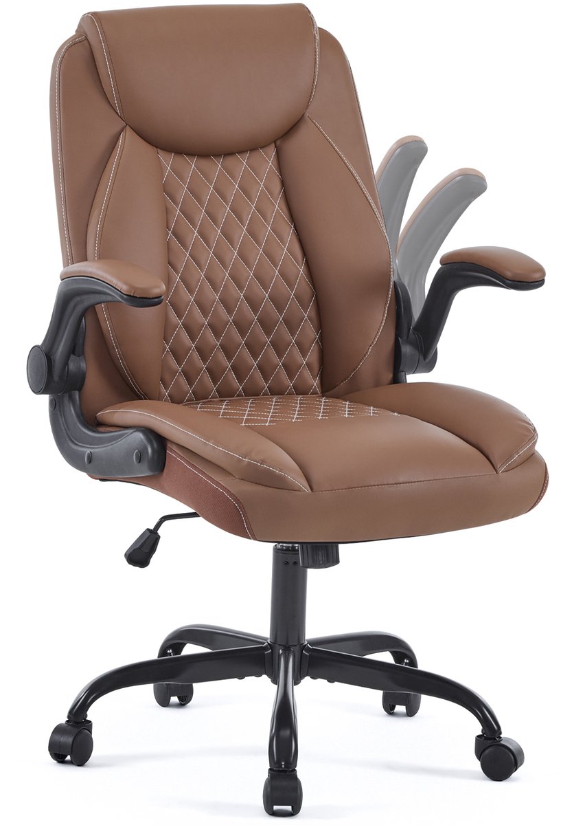 COVREO Bureaustoel 64 x 64 x 102 cm bruin leer - opklapbare armleuningen - 360 graden draaibaar
