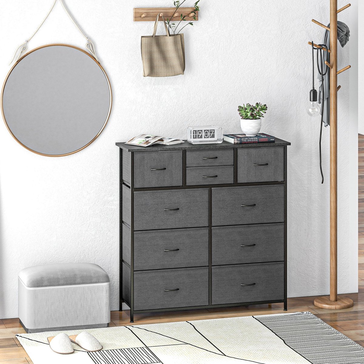 OKWISH Dressoir - Opbergkast Met 10 Stoffen Lades - Voor Woonkamer En Slaapkamer - Stalen Frame Zwart - 100 x 30 x 100 cm