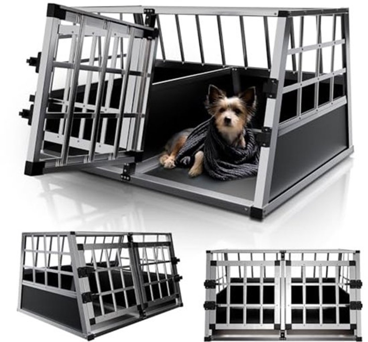Aluminium hondentransportbox voor middelgrote honden, L-X 89 x 70 x 51 cm, robuuste en onderhoudsvriendelijke autokooi met roosterdeur
