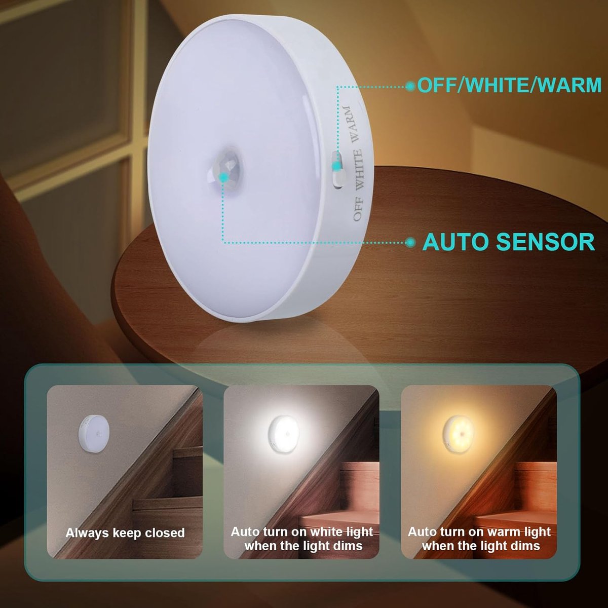 Nachtlamp met Sensor - Bewegingslamp Kastlamp - Donkere Ruimtes Verlichten - Oplaadbaar Warm Wit - 8.5 cm Diameter - Wit — cadeau in Wonen & Interieur - foto 8
