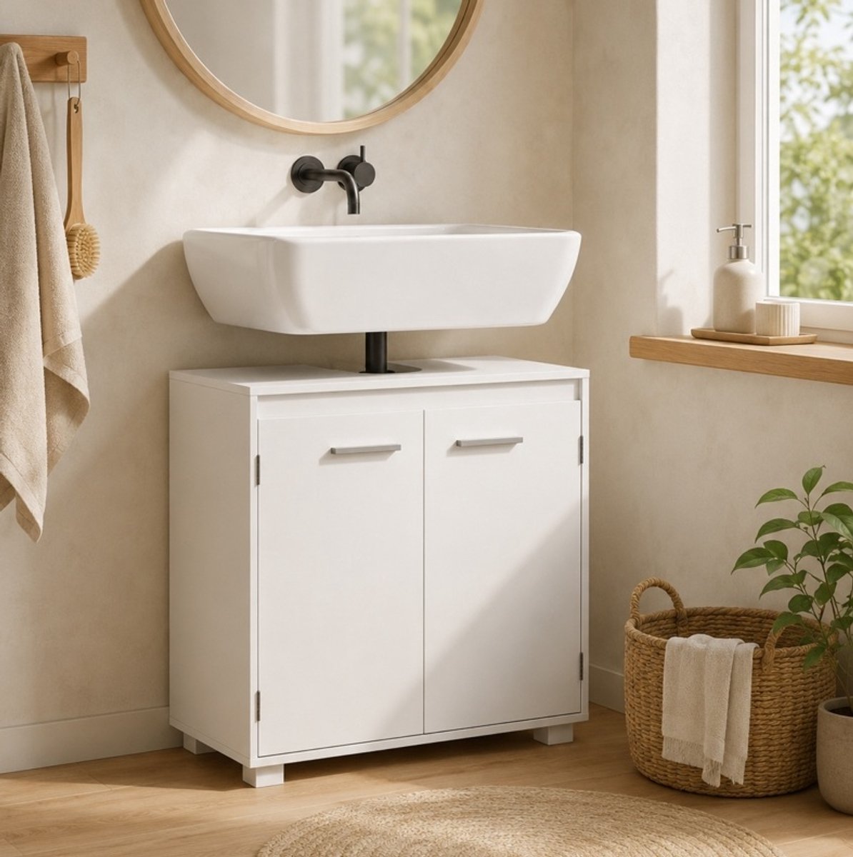 OKWISH Badkamerkast - Wastafelonderkast Met U-Vormige Uitsparing - 60 x 30 x 60 cm - 2 Deuren - Verstelbare Plank - MDF Wit