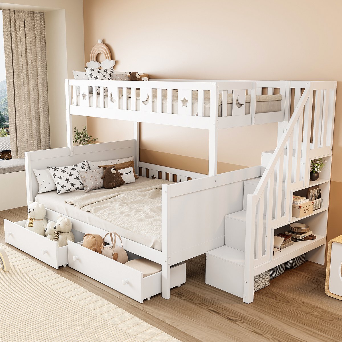 Stapelbed voor kinderen - met opbergtrap en lades - Bovenbed 90x200, onderbed 140x200 cm - Wit - Massief grenenhout - Inclusief lattenbodem - Omkeerbare ladder