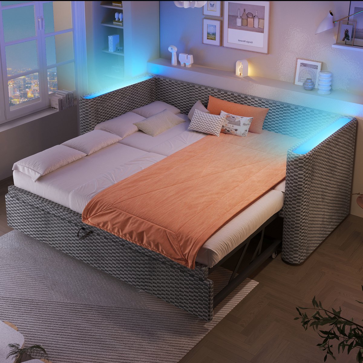Uitschuifbaar dagbed met LED-verlichting - 90/180x200 cm - Grijs fluweel - Inclusief lattenbodem - Geschikt als slaapbank en logeerbed