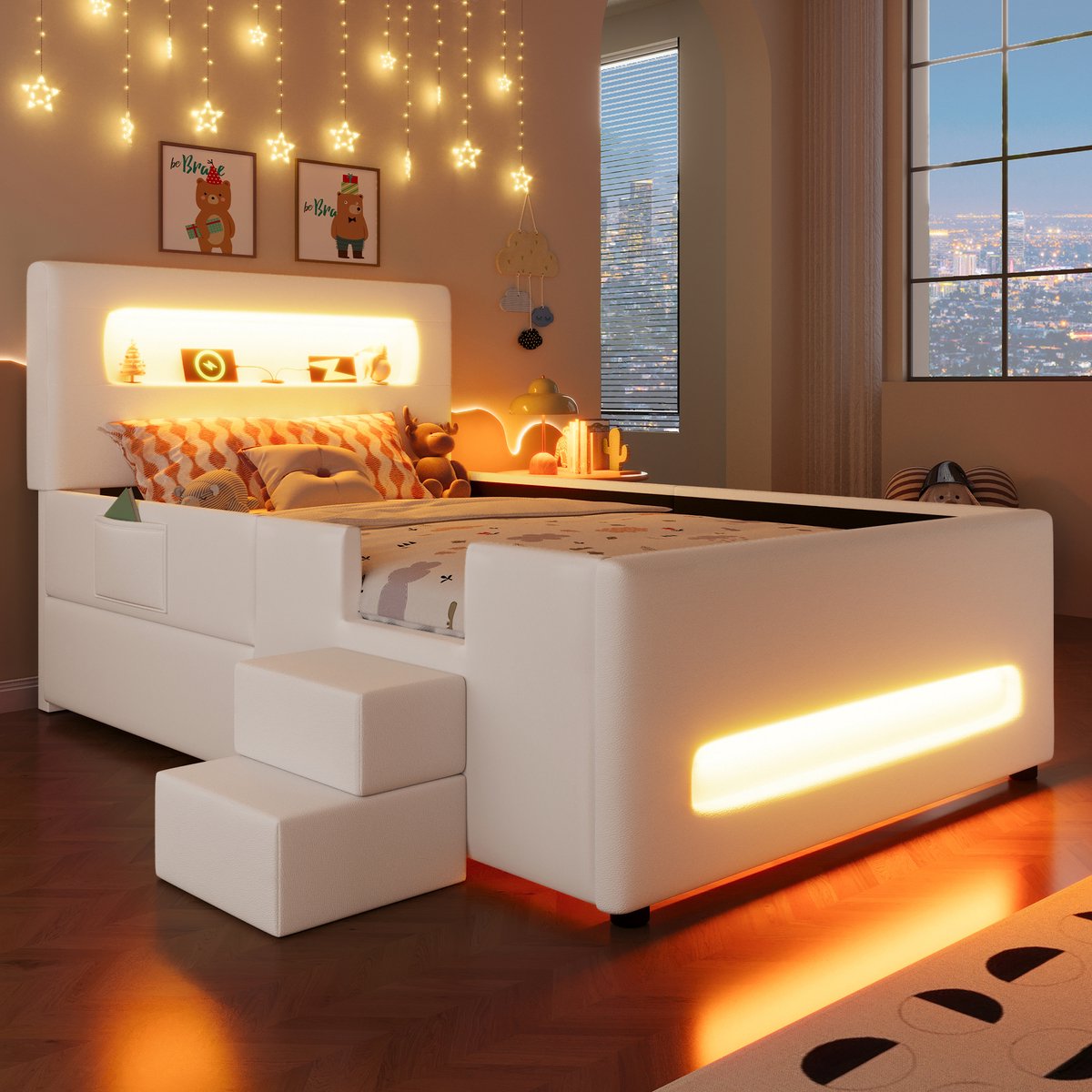 Gestoffeerd platformbed met trap, opberglade en LED - 90x200 cm eenpersoons - wit - app-gestuurde sfeerverlichting en USB-poorten - stevige PU en MDF constructie