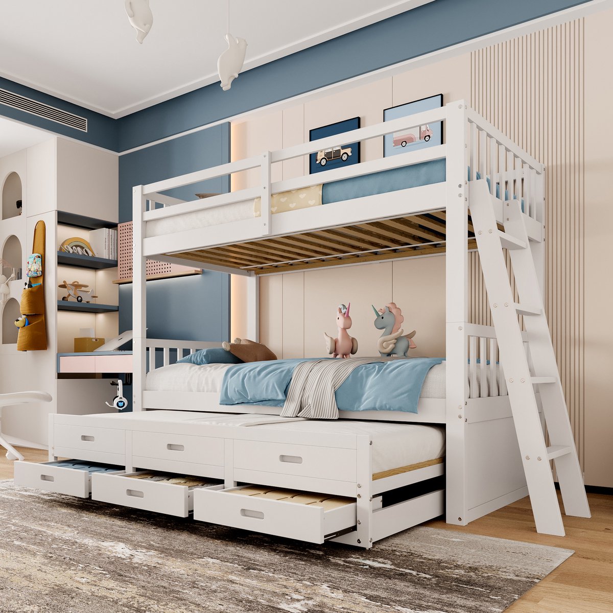 Kinder hoogslaper in huisvorm - Uitschuifbaar logeerbed en 3 opberglades - 90x200 cm - Wit - Veilige ladder en hoge omheining - Massief grenenhout