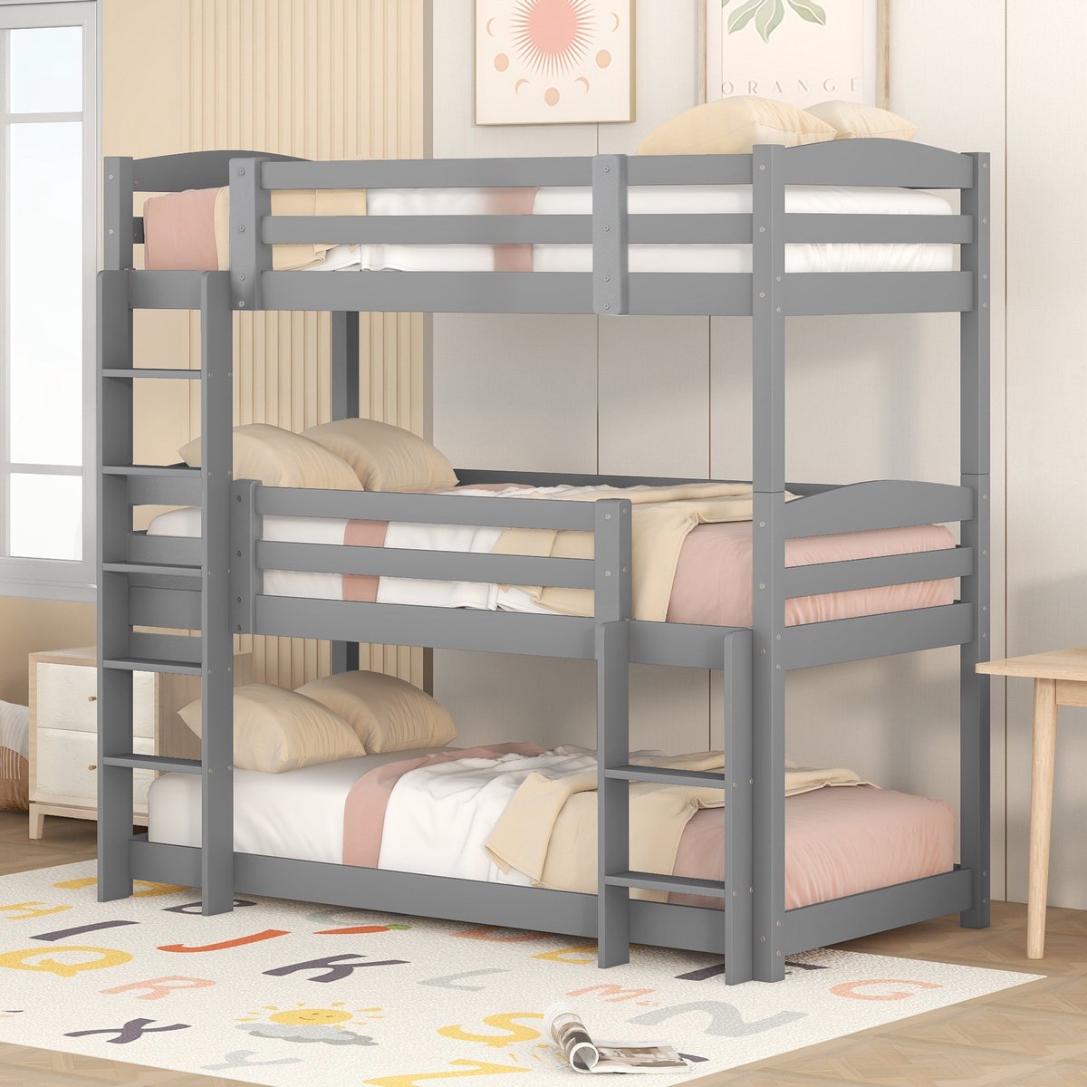 Houten stapelbed 3-persoons - Ombouwbaar tot losse bedden - 90x200 cm - 3 personen - Grijs - Stevig grenenhouten frame - Veiligheidshekken met hoge leuning - Max. 120 kg per bed