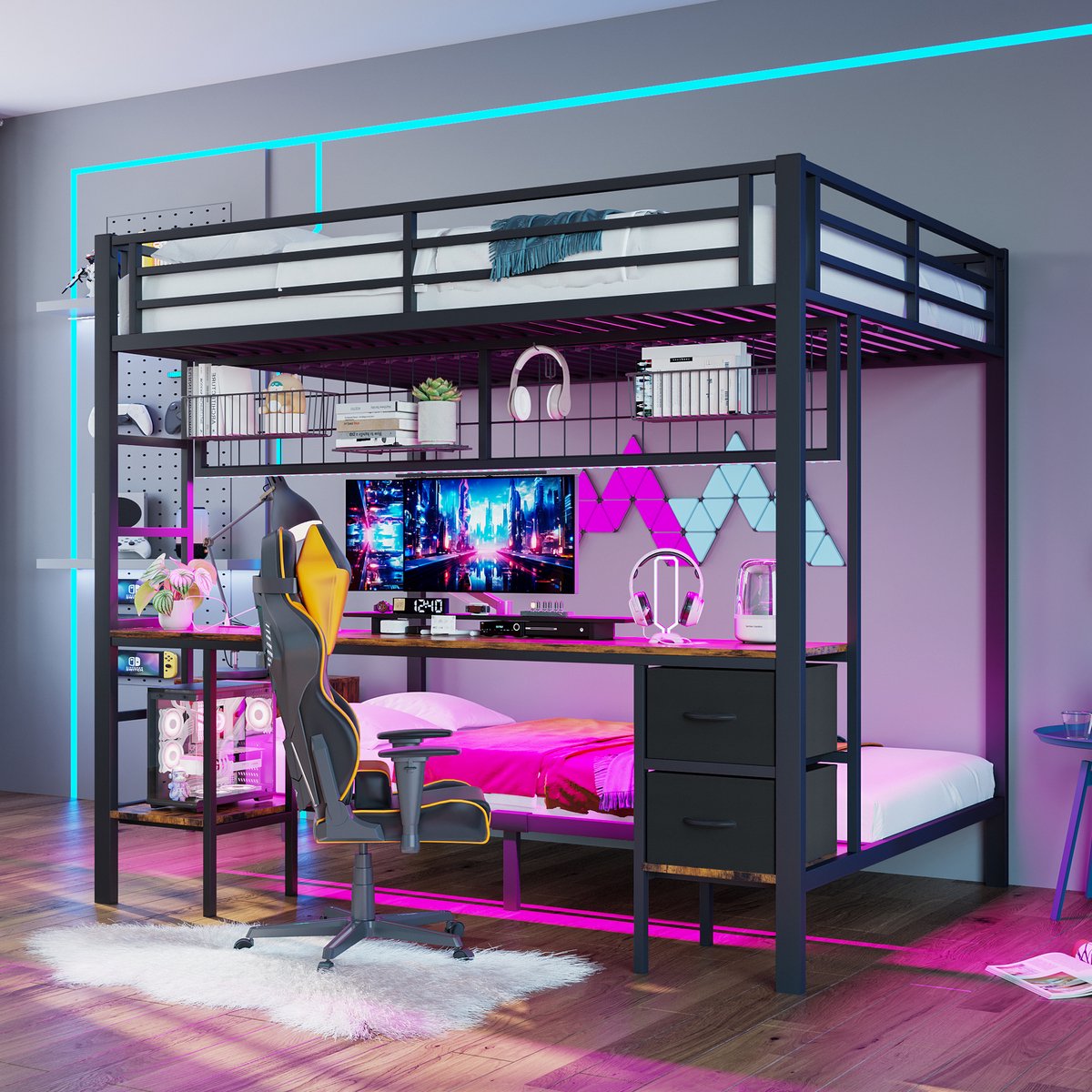 Metalen hoogslaper met bureau en opbergruimte - 140x200 cm bovenbed, 90x200 cm onderbed - Zwart - 7-kleuren LED-strip, USB en opbergvakken - Stevig stalen frame, belastbaar tot 150 kg