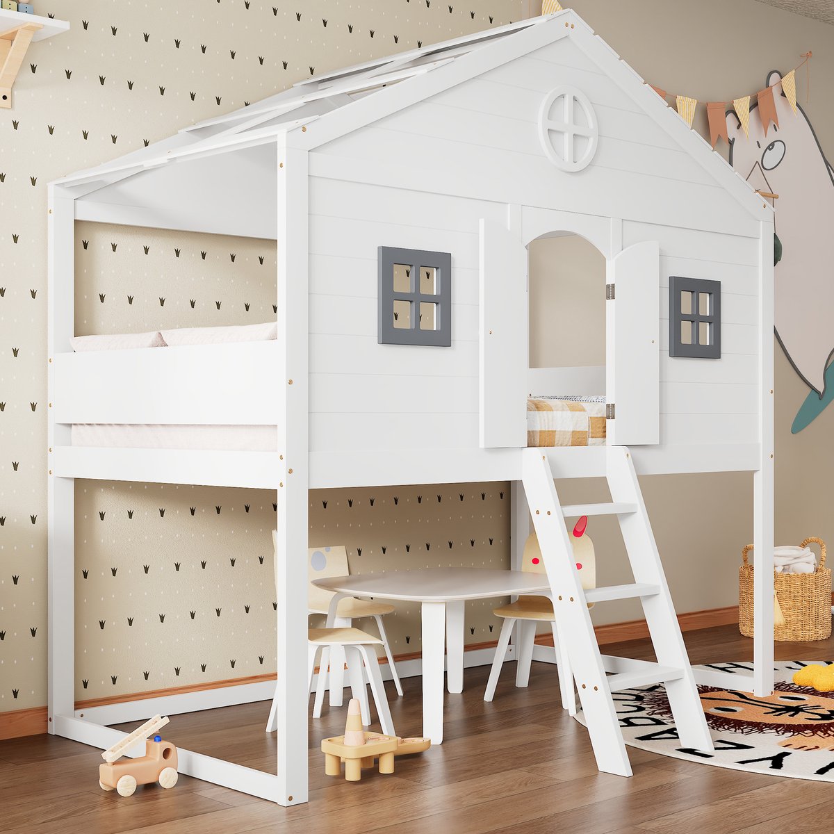 Huisbed 90x200 cm - Met trap, valbeveiliging en twee grijze ramen - Wit en grijze kleur - Open onderbed voor flexibele inrichting - EN747 gecertificeerd - Veilig en solide grenenhout