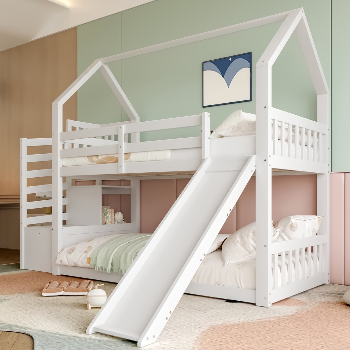 Huisbed met glijbaan en opbergtrap - 90x200 cm eenpersoons kinderbed - wit - met valbeveiliging en open legvlakken onder de trap - massief grenenhout en MDF - inclusief lattenbodem