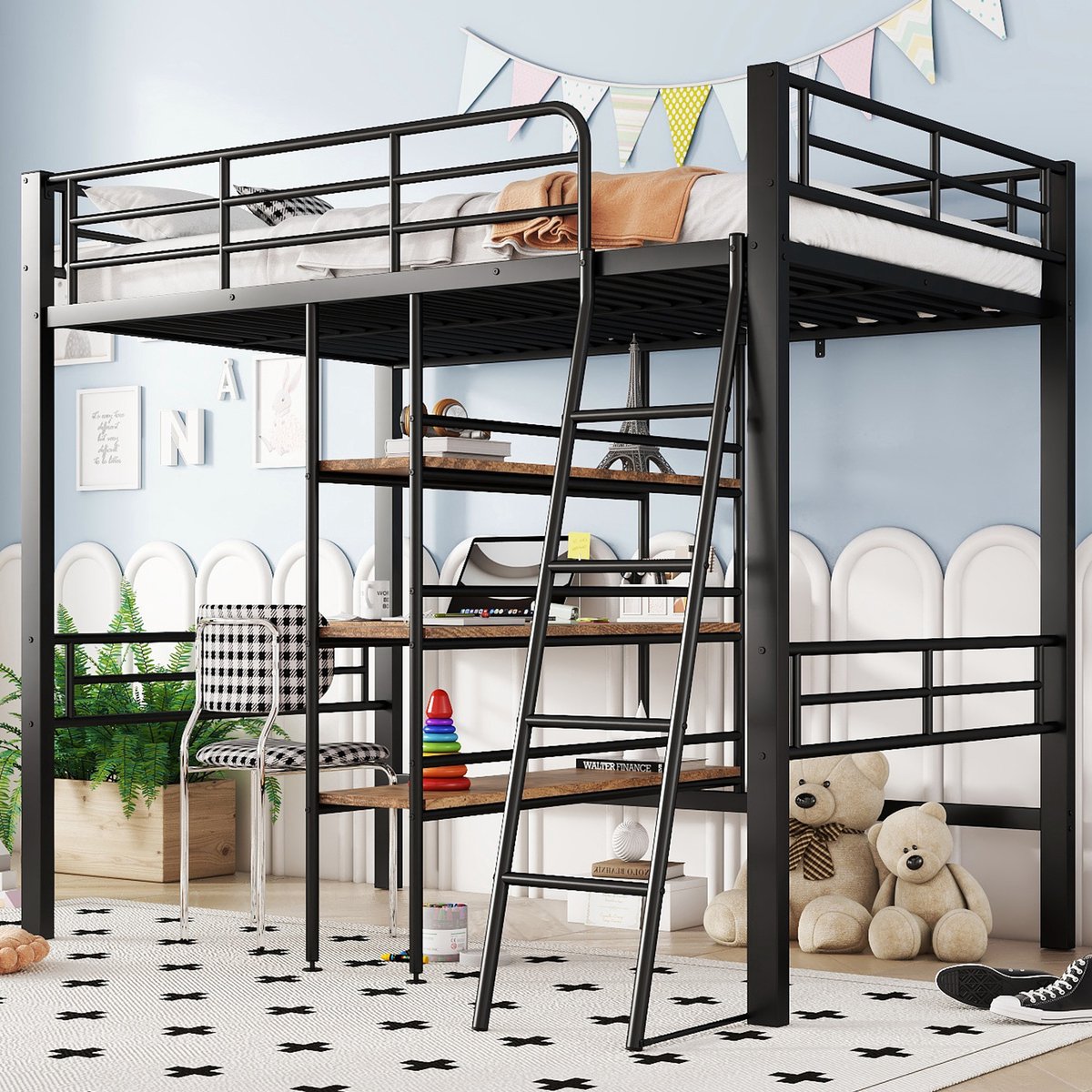 Metalen hoogslaper 90x200 cm - Met geïntegreerd bureau en legplanken - 1 persoon - Zwart - Veiligheidshek en vaste ladder - EN747 gecertificeerd - Robuust stalen frame, max. 120 kg