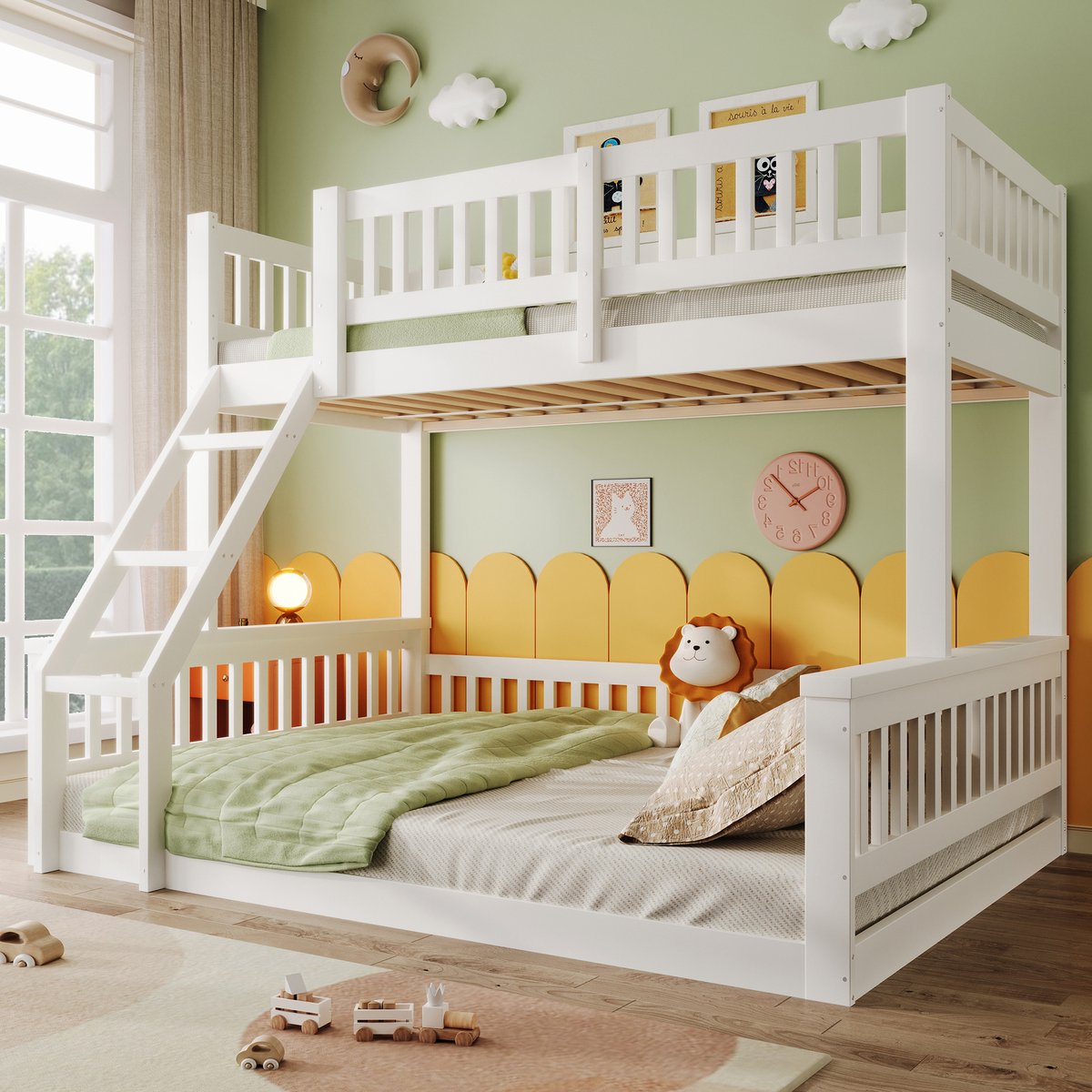 Stapelbed met bovenbed 90x200 en onderbed 140x200 cm - kinderkamer en tienerkamer - wit - hoge valbeveiliging en stevige ladder - massief grenen frame - inclusief 2 lattenbodems - eenvoudig design