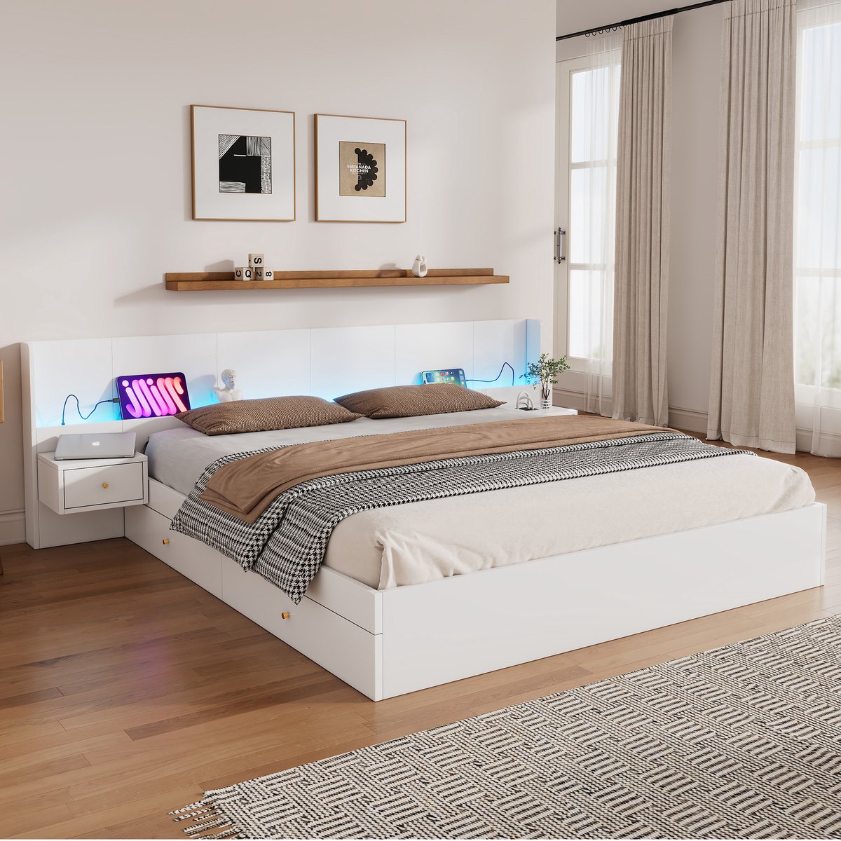 Houten tweepersoonsbed - App-gestuurde LED-verlichting, USB en stopcontact - 180x200 cm - Wit - Inclusief 2 nachtkastjes en opberglades - Robuust tot 300 kg