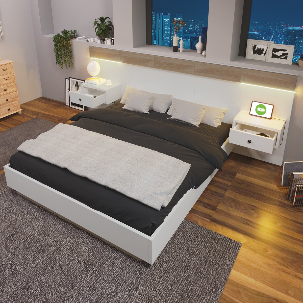 Slaapkamer complete set met zwevend bed en 2 LED-nachtkastjes - 140x200 cm tweepersoons - Eiken Sonoma/Wit - Inclusief USB-C oplaadfunctie en opberglades