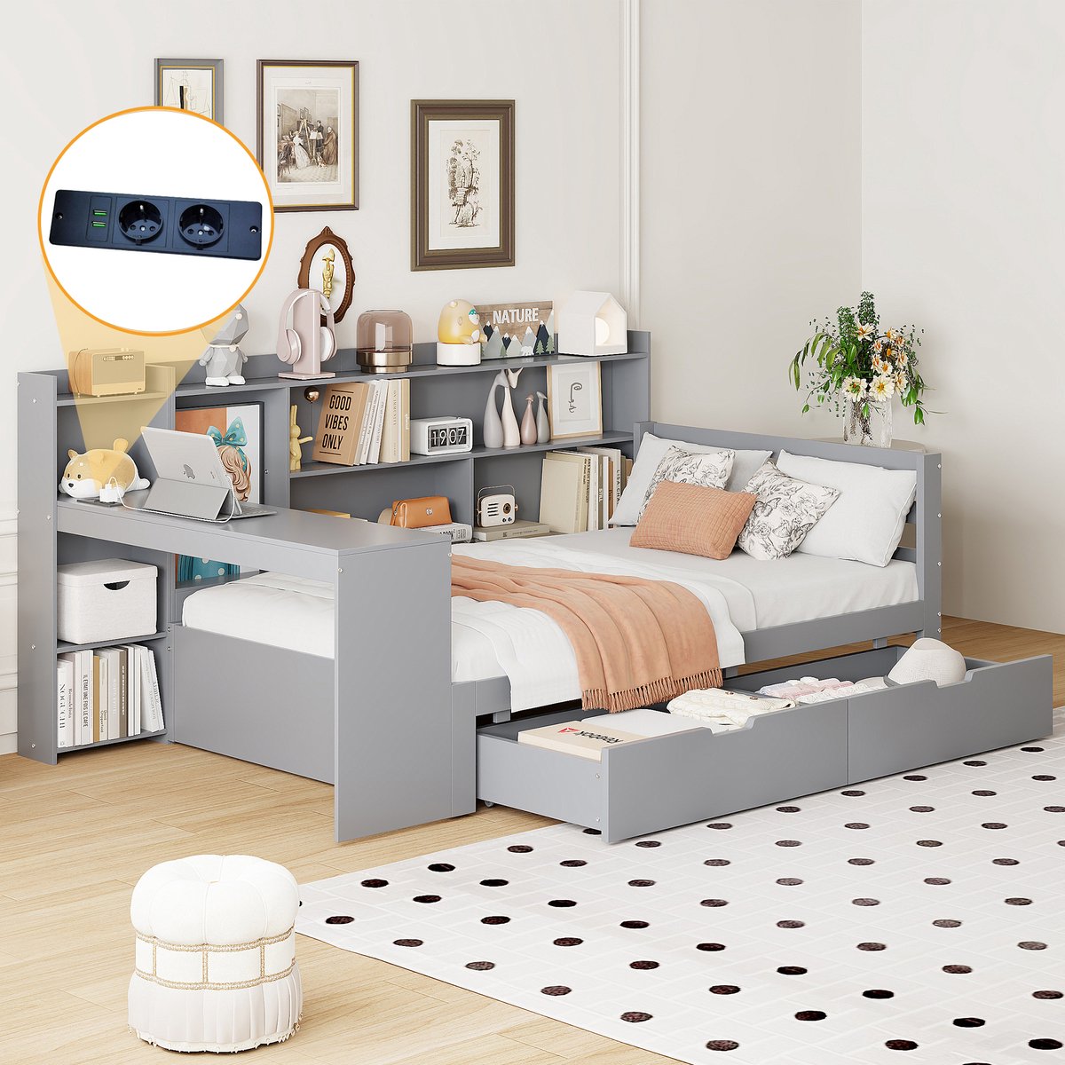 Massief houten slaapbank - met bureau, stopcontact en opberglades - 90x200 cm eenpersoons - grijs - multifunctioneel met USB/Type-C en 2 ruime lades - stevig grenen frame