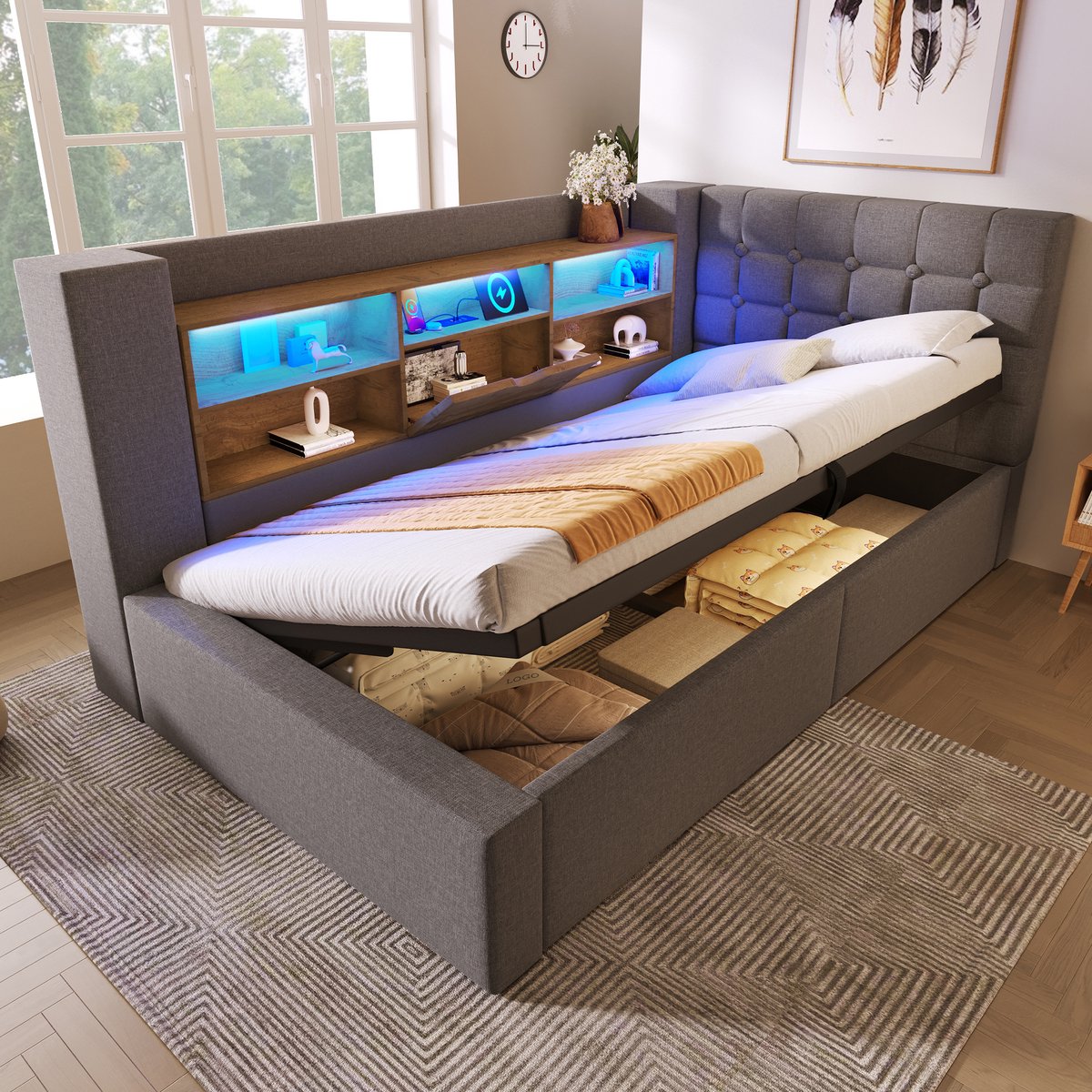 Gestoffeerd eenpersoonsbed 90x200 cm - LED-verlichting en USB-C oplaadfunctie - Grijs - L-vormig hoofdbord met opbergvak - Hydraulische opbergruimte - Linnen bekleding