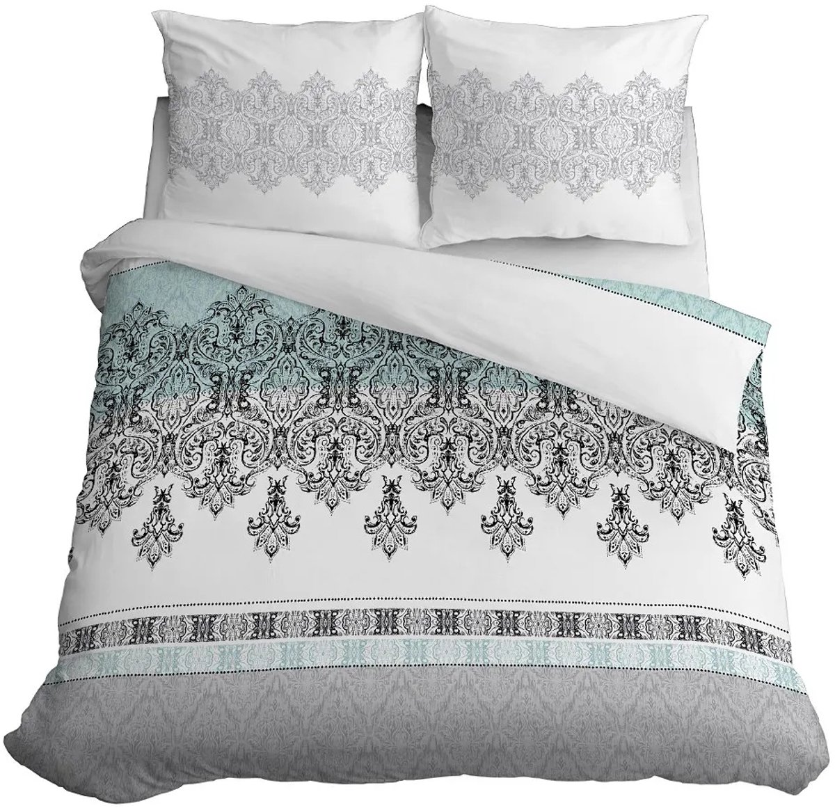 Satijnen Beddengoed 160x200 Beige met Wit-Turquoise Ornament