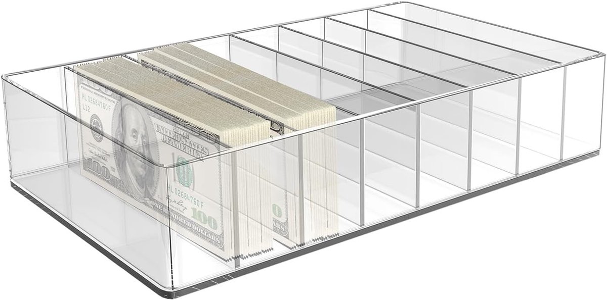 Transparante Geld Organizer met 8 Compartimenten, Ideaal voor Cash, Bankbiljetten en Kabels, Desk Organizer voor Thuis en Kantoor, 26 x 18 x 5.5 cm