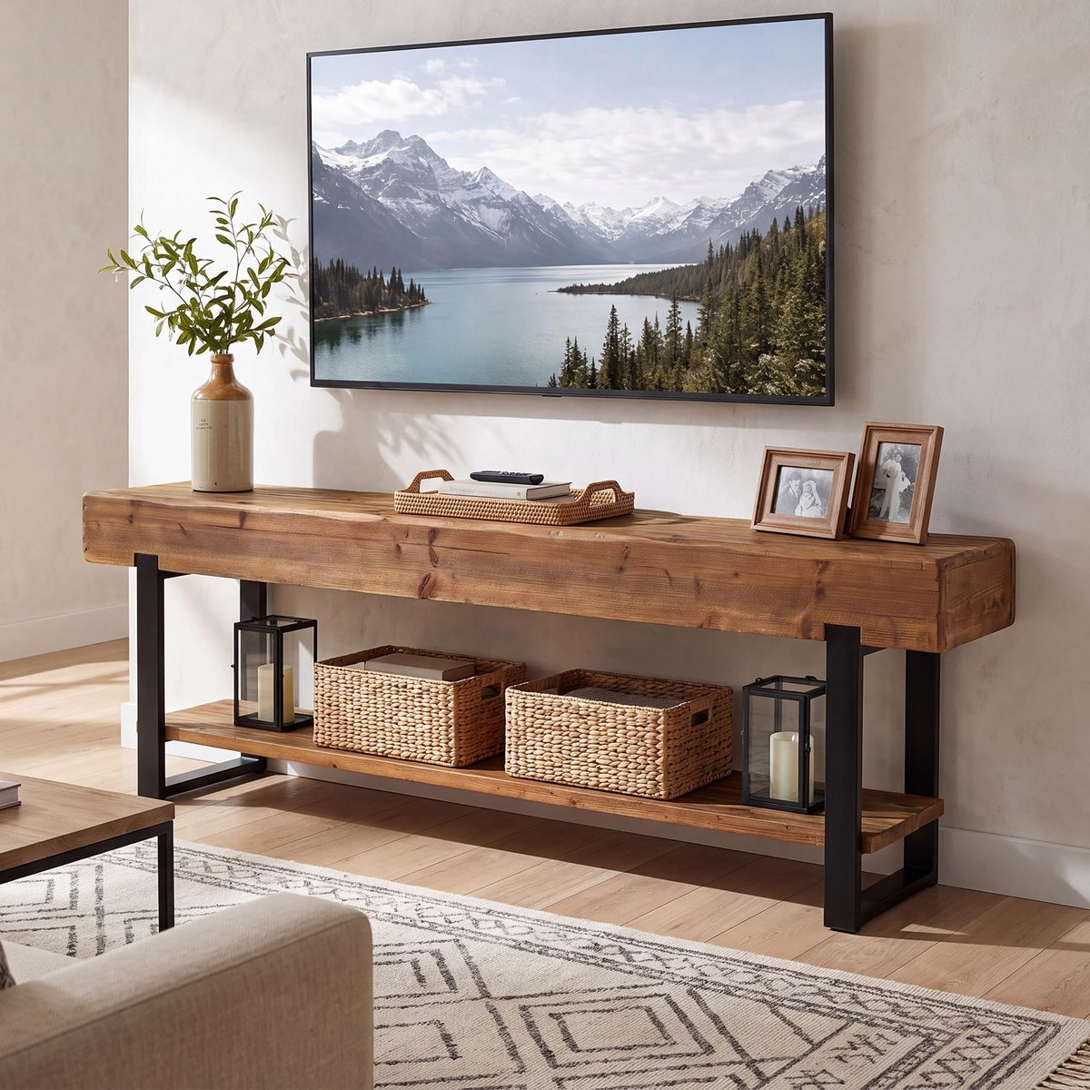 LITTLE TREE Industrieel TV Meubel - Massief Hout - Twee‑Laags - Met Metalen Frame - Voor TV Tot 65 Inch - Rustiek Bruin