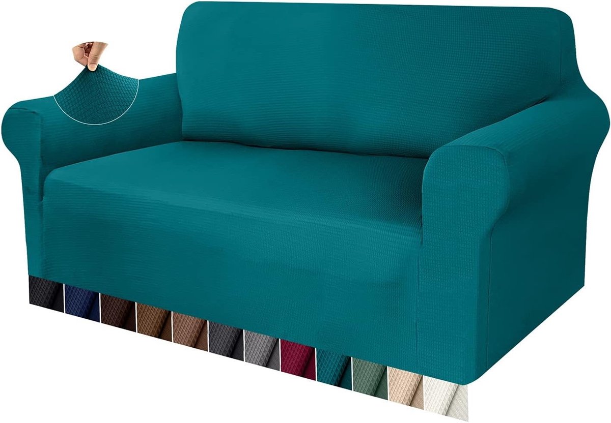 Stretch Sofa Cover voor 2 Zits Bank, Dikke Premium Hoes met Jacquard Wafelpatroon, Antislip en Bescherming voor Meubels in Teal Kleur