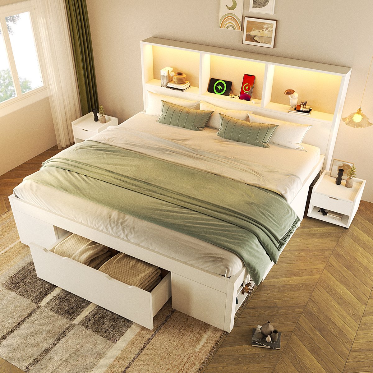 Kinderbed, Bed 140x200 cm wit met opbergruimte en 2 beweegbare nachttischen, functiebed tweepersoonsbed hout met LED-verlichting en USB Type-C-oplaadfunctie, bedframe met lade en rekken, zonder matras