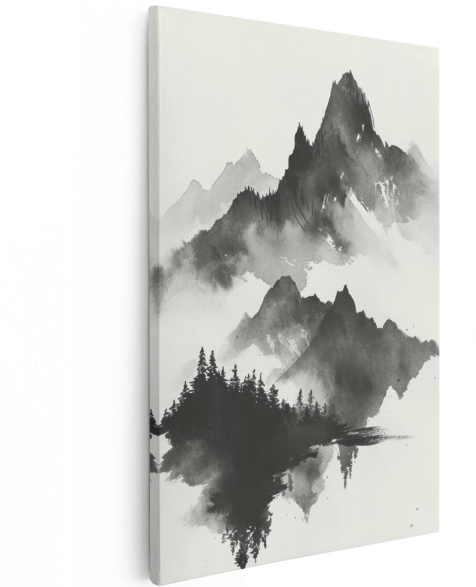 Artaza Canvas Schilderij Bergen - 100x150 cm - Groot - Wanddecoratie Japandi - Muurdecoratie Inktlandschap - Decoratie Zwart Wit Natuur
