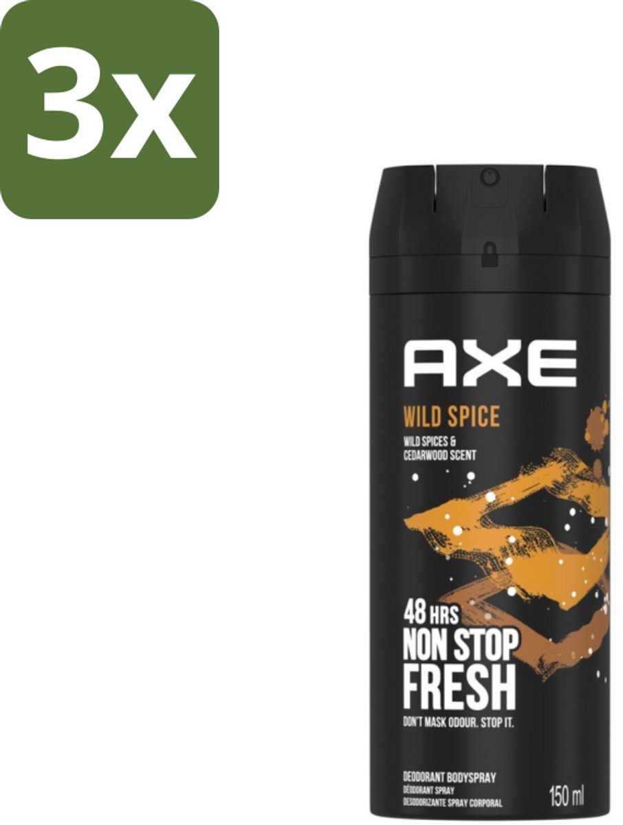 3 x Axe - Deodorant Bodyspray - 48hrs Non Stop Fresh - Wild Spice - Wild Spices & Cedarwood - 150 ml - Axe Wild Spice - Deodorant Bodyspray - 48 Uur Fris - Anti-geur - Cederhout Geur