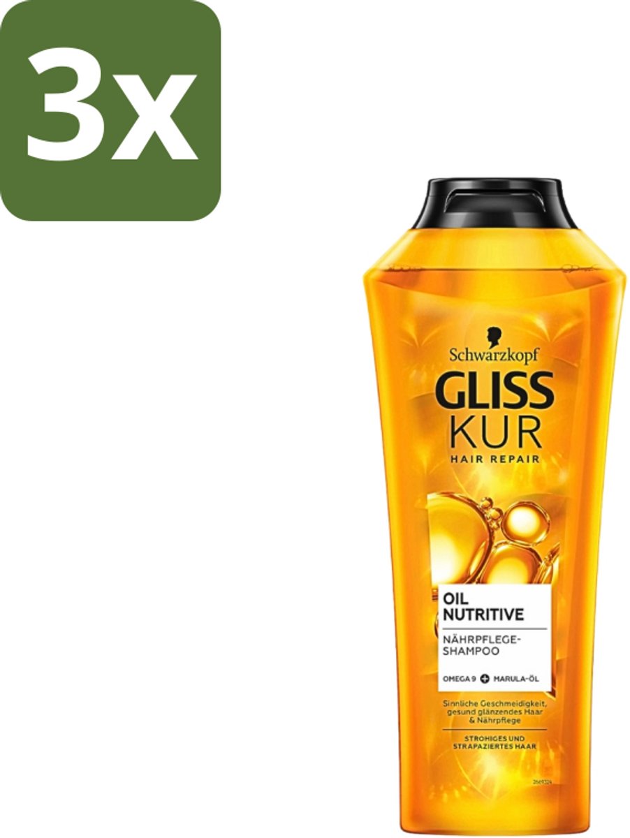 3 x Gliss-Kur - Shampoo - Oil Nutritive - Voedende Shampoo - Voor Stroef & Gespannen Haar - 400 ml - Stroef Haar - Gespannen Haar - Voedend Shampoo - Hydraterend Shampoo - Abrikozenpitolie