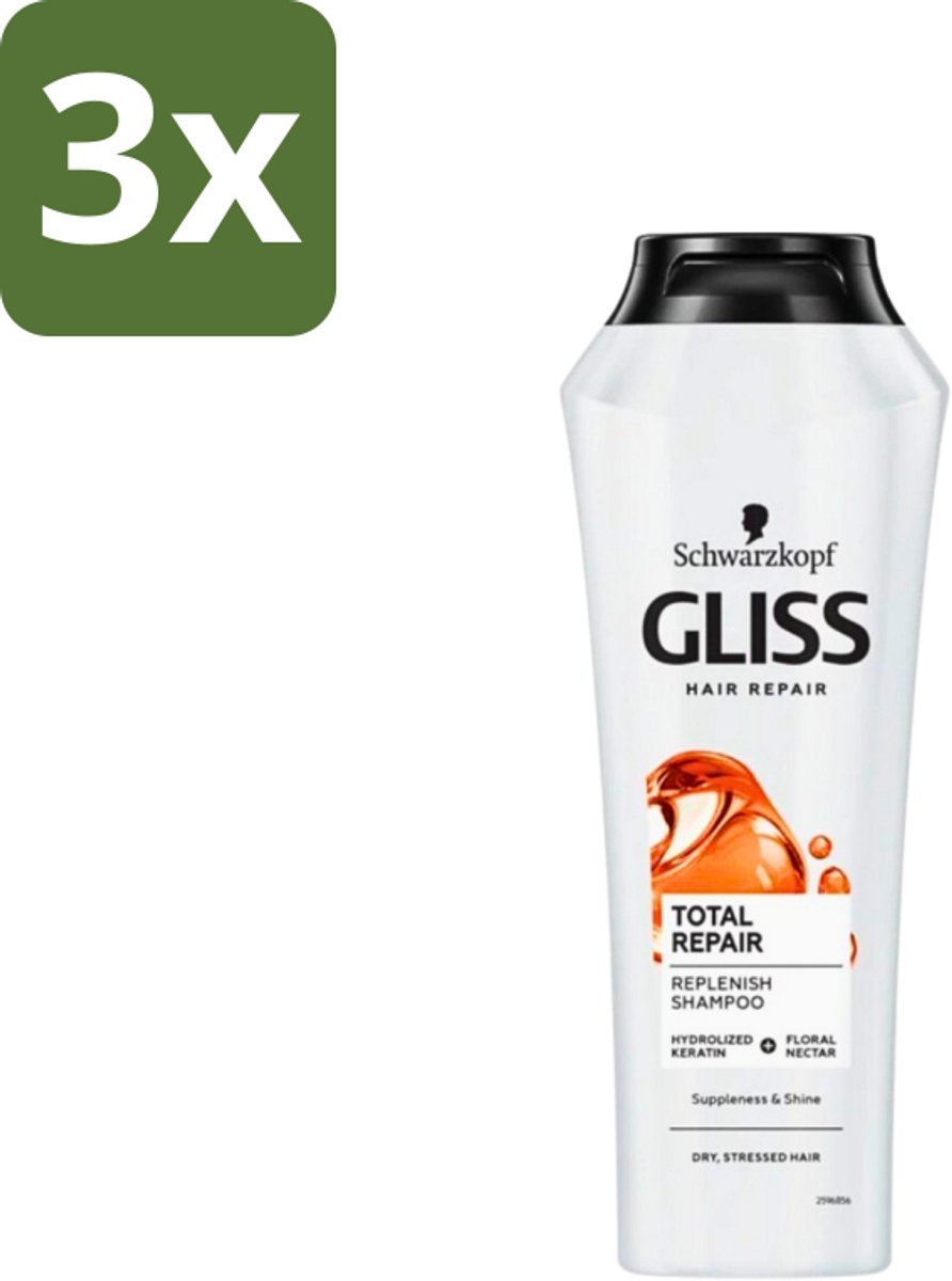 3 x Gliss-Kur - Shampoo - Total Repair - Herstelt & Versterkt - Gehydroliseerd - 400 ml - Herstel Haar - Versterk Haar - Beschadigd Haar - Gespleten Haarpunten - Gezonde Glans
