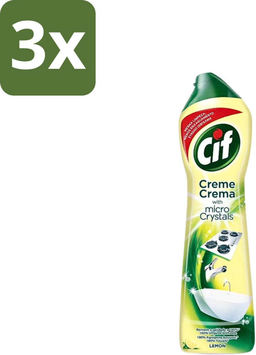 3 x Cif - Badkamer & Keuken - Schuurmiddel - Cream Lemon - 500 ml - Schoonmaakmiddel - Schuren - Vet Verwijderen - Kalkaanslag Verwijderen - Citrusgeur