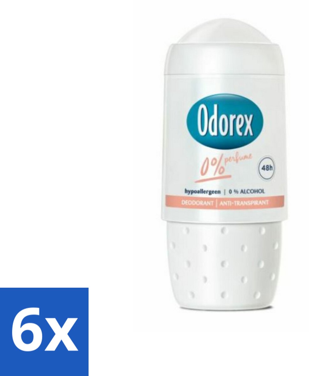6 x Odorex Deodorant Roller 0% 50 ml - 0% Parfum - 0% Alcohol - Hypoallergenisch - Gevoelige Huid - Deodorant Roller