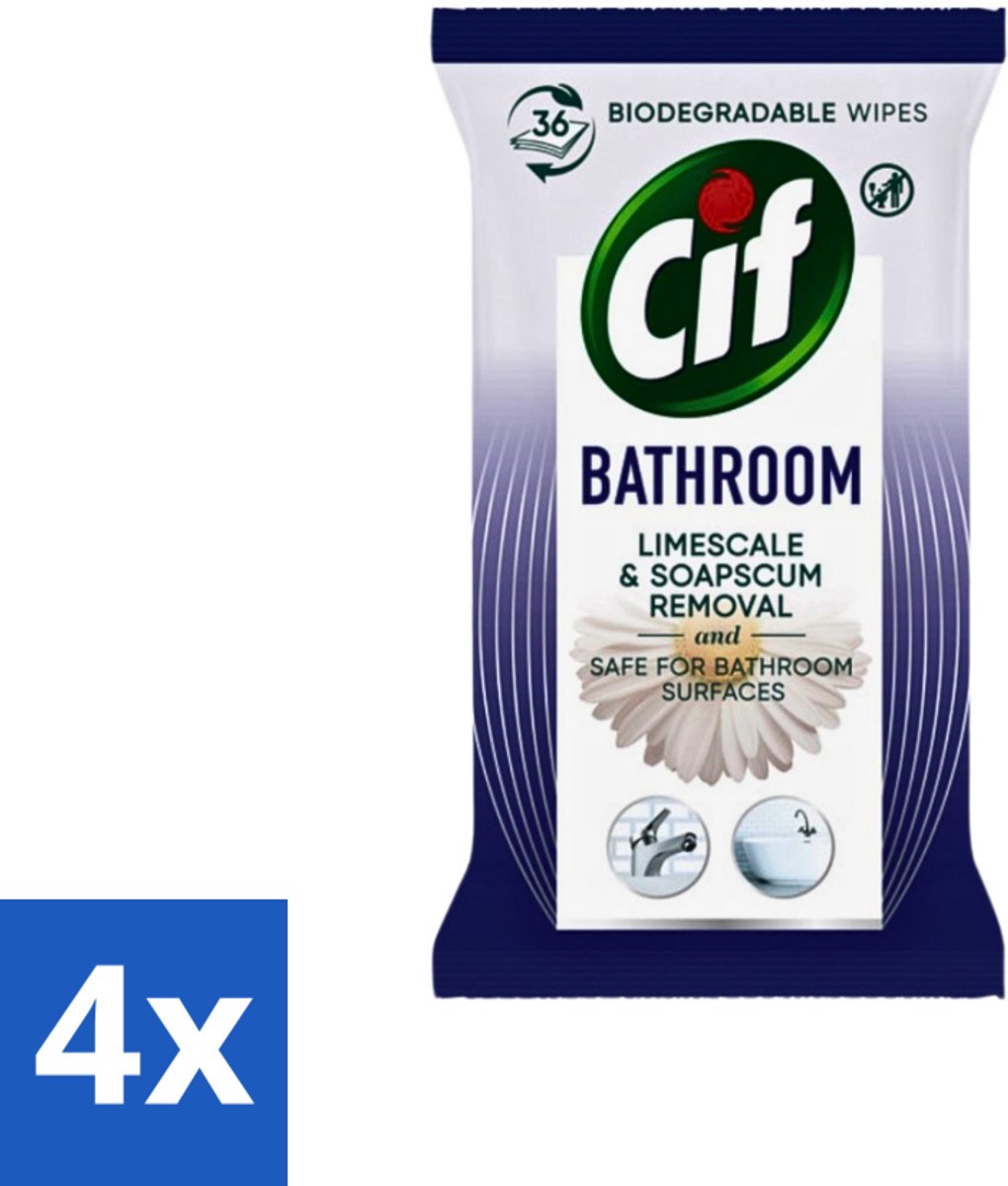 4 x Cif - Badkamer - Hygiënische Doekjes - Kalkaanslag & Zeepresten Verwijderen - 36 stuks per verpakking - Badkamer Doekjes - Hygiëne Doekjes - Reinigingsdoekjes - Badkamer Reinigen - Doekjes Badkamer