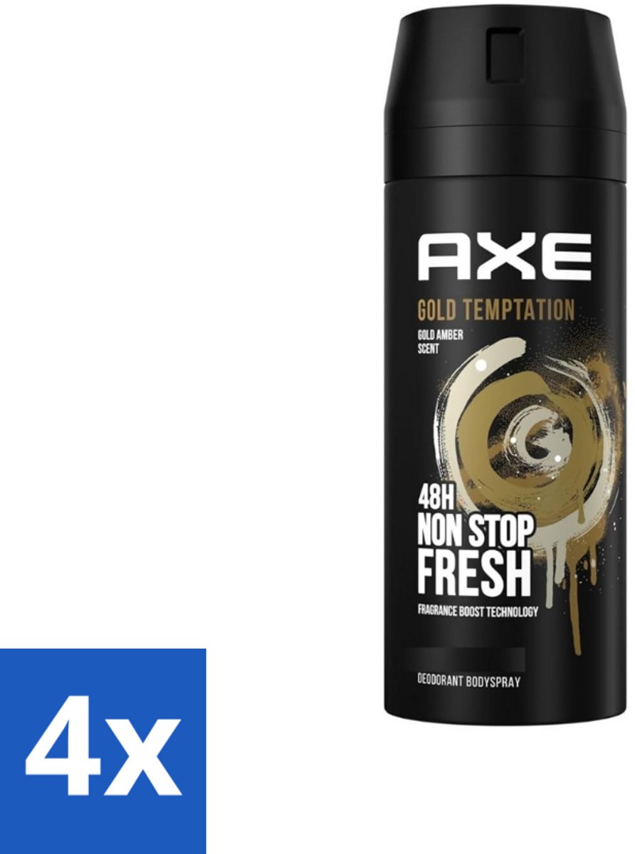 4 x Axe - Deodorant Bodyspray - 48hrs Non Stop Fresh - Gold Temptation - Gold Amber - 150 ml - Axe Gold Temptation - Deodorant Bodyspray - Frisheid - Geur - Geurbescherming
