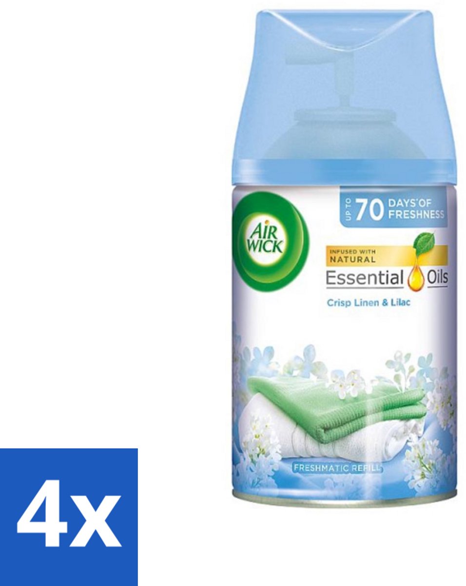 4 x Air Wick - Luchtverfrisser Navulling - Fris Linnen & Lila - Automatische Spray - 250 ml - Fris Linnen - Lila Geur - Automatische Spray - Geurintensiteit - 24/7 Odour Stop Technology