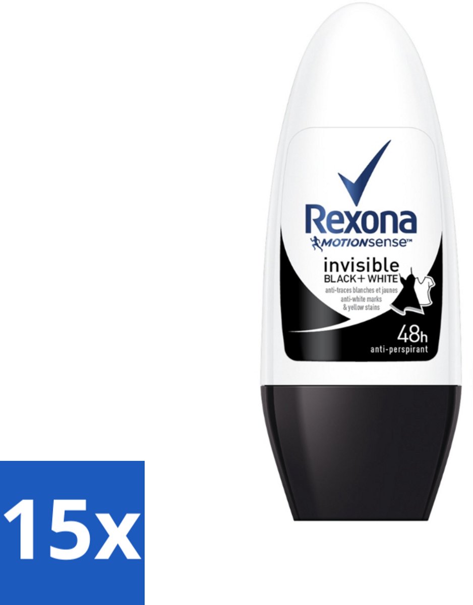 15 x Rexona - Invisible Black & White - Deo Roller - Anti-transpirant - 50 ml - Deodorant - Anti-transpirant - Vlekkenvoorkomend - 48 Uur Bescherming - Roll-on Deodorant