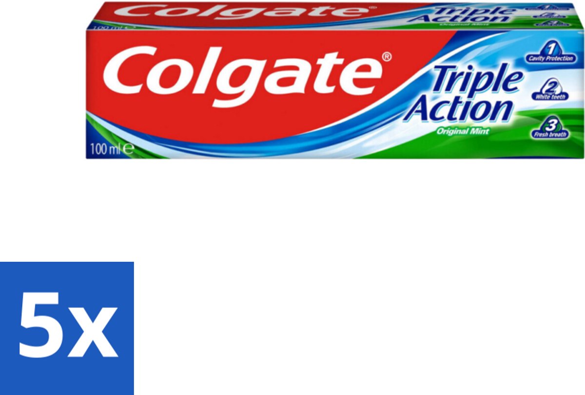 5 x Colgate Tandpasta Triple Action 100 ml - Tandpasta - Gaatjes - Wittere Tanden - Frisse Adem - Mondverzorging
