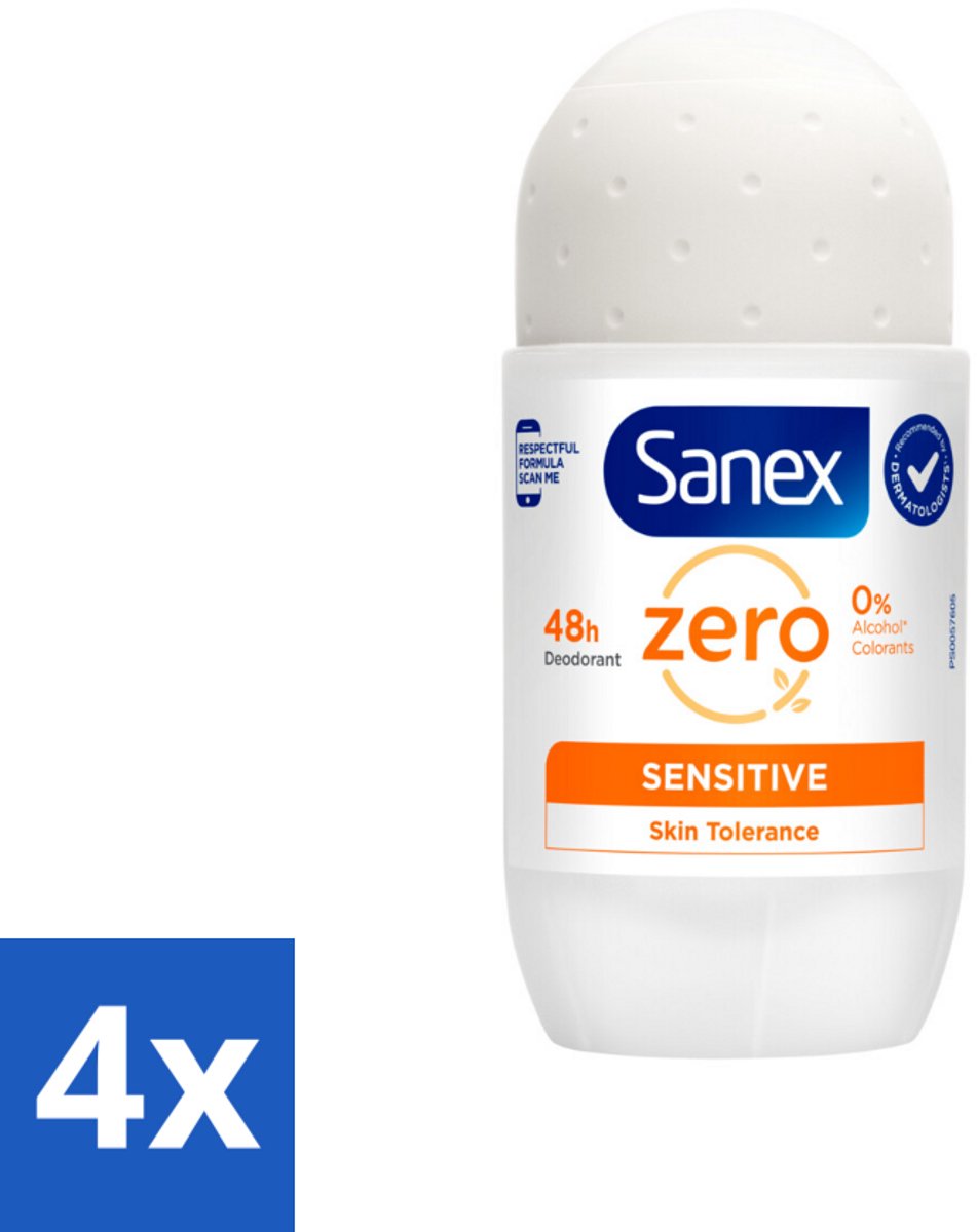 4 x Sanex Deodorant Roller Zero% Sensitive Skin 50 ml - Sanex Deodorant Zero% Sensitive - Alcoholvrije Deodorant - Parabenenvrije Deodorant - Gevoelige Huid - Milde Deodorant