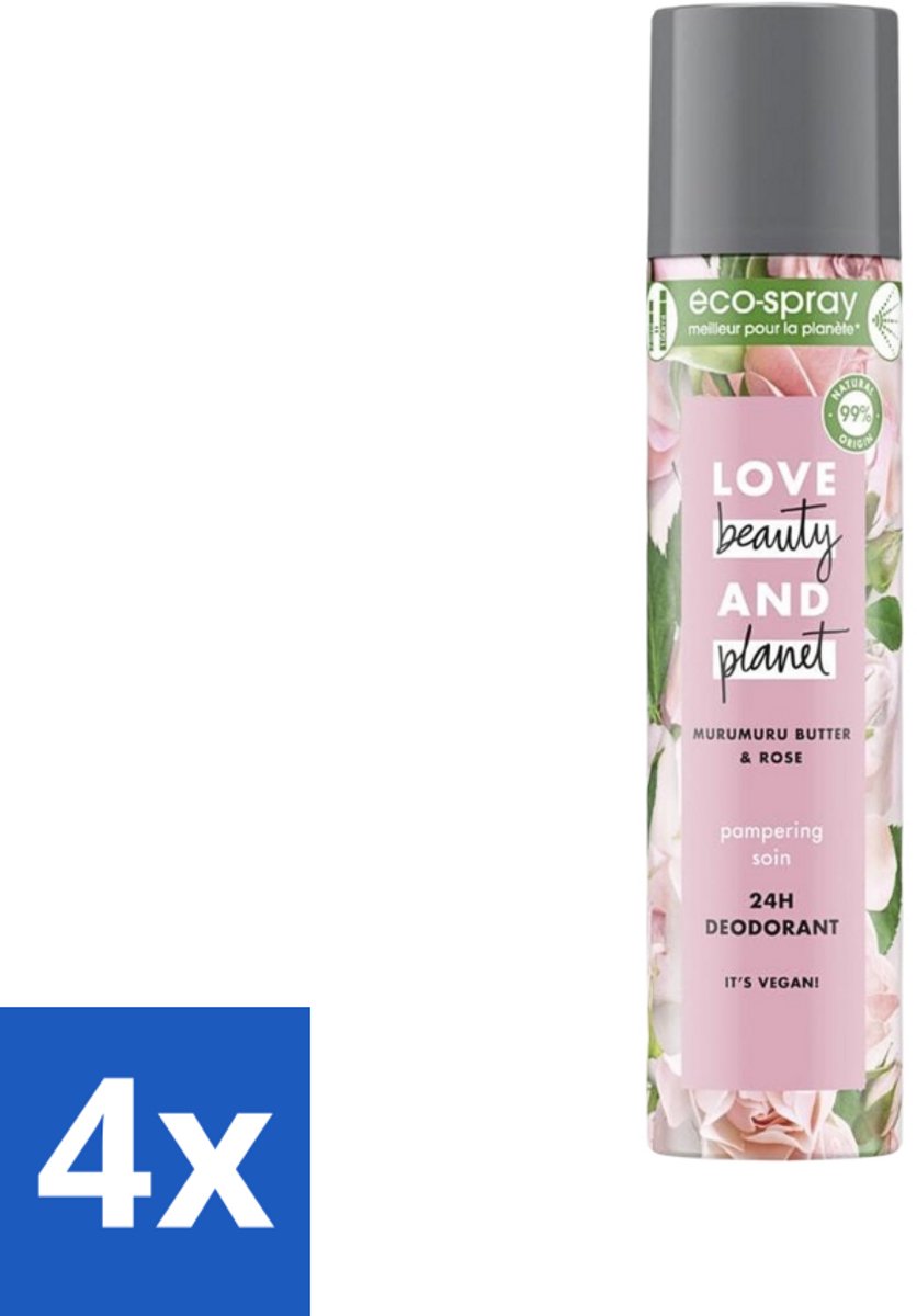 4 x Love Beauty and Planet - Deospray - Murumuru Butter & Rose - 75 ml - Deospray - Murumuru Boter - Roze Geur - Vegan Deodorant - Natuurlijke Deodorant