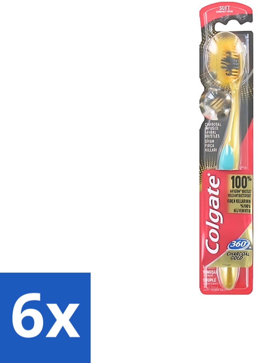 6 x Colgate - Tandenborstel - 360 Charcoal Gold Soft - Zwart/Goud - 1 Tandenborstel - Tandenborstel - Houtskool - Tanden Reinigen - Tanden Witter Maken - Tandenborstel Houtskool