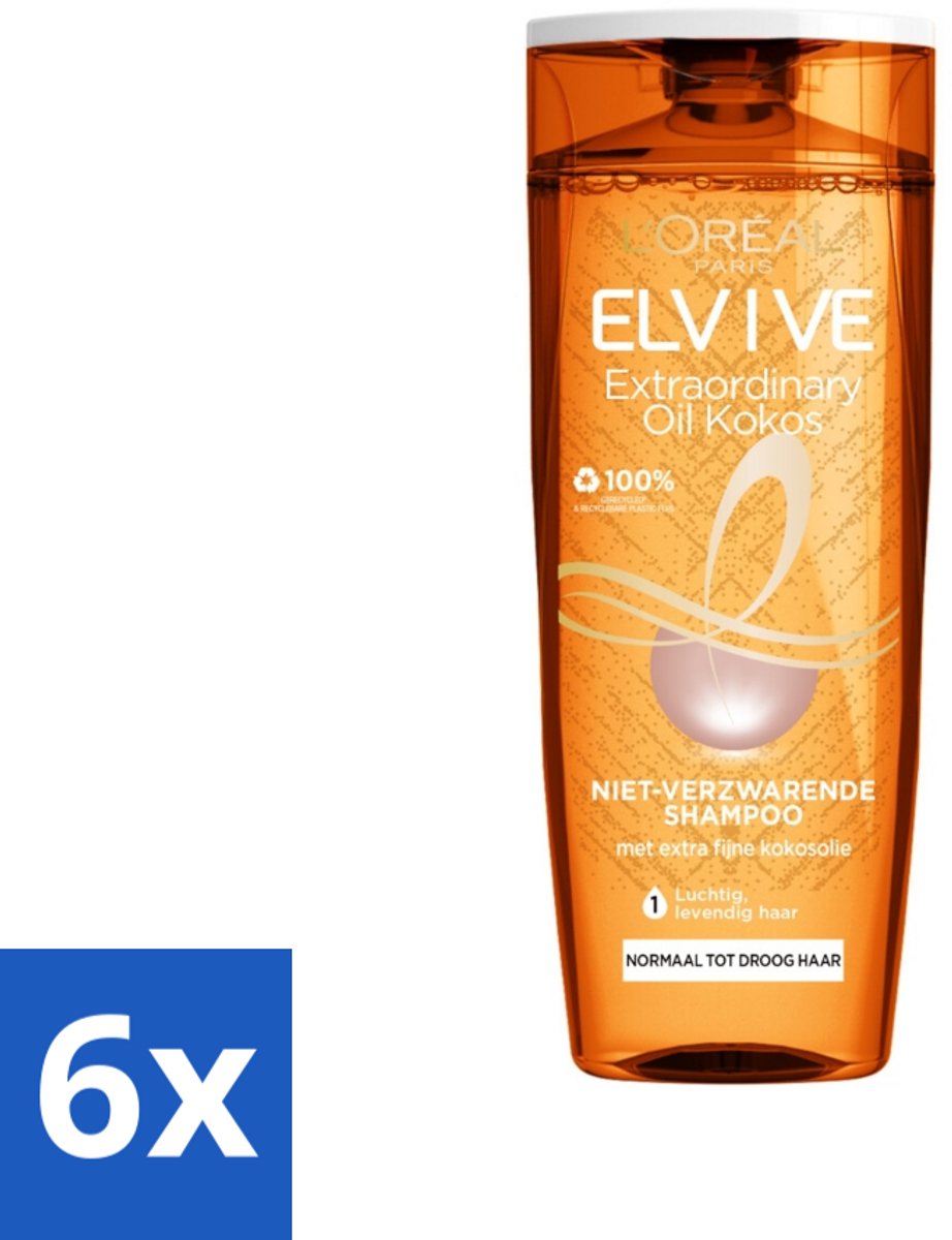 6 x L'Oréal Paris Elvive - Shampoo - Extraordinary Oil - Kokosolie - Voor Droog Haar - 250 ml - Droog Haar - Kokosolie Shampoo - Fijne Kokosolie - Siliconenvrije Shampoo - Voedend Shampoo